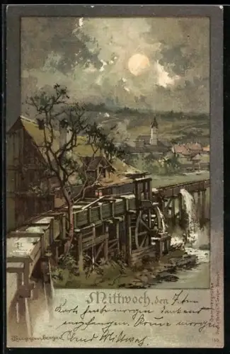 Künstler-Lithographie Theodor Guggenberger: Mittwoch, Wassermühle, Allegorie