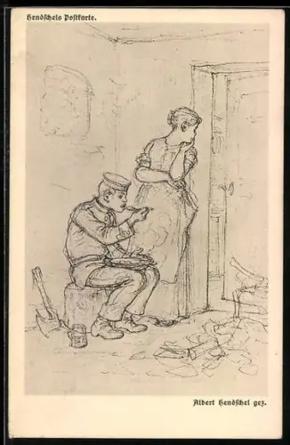 Künstler-AK Albert Hendschel: Mann in Uniform beim Essen, während eine Frau an der Wand lehnt