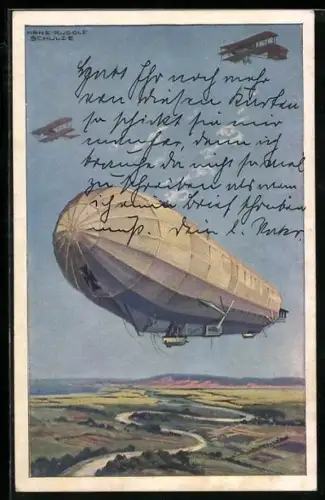 Künstler-AK Hans Rudolf Schulze: feindliche Flugzeuge greifen den Zeppelin Militärluftkreuzer Hansa an
