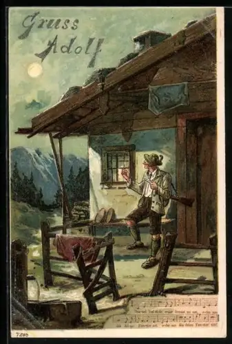 Künstler-AK Jäger beim Rauchen mit geschultertem Gewehr