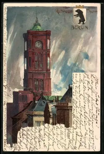 Künstler-AK Heinrich Kley: Berlin, Rathausturm, Rotes Rathaus u. Stadtwappen, Königstrasse