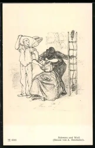 Künstler-AK Albert Hendschel: Junge Frau wird von einem Schornsteinfeger und einem Bäcker bedrängt