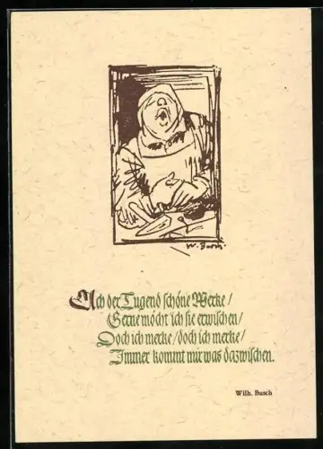Künstler-AK Wilhelm Busch: Handwerker hält sich den Finger nachdem er sich mit dem Hammer erwischt hat