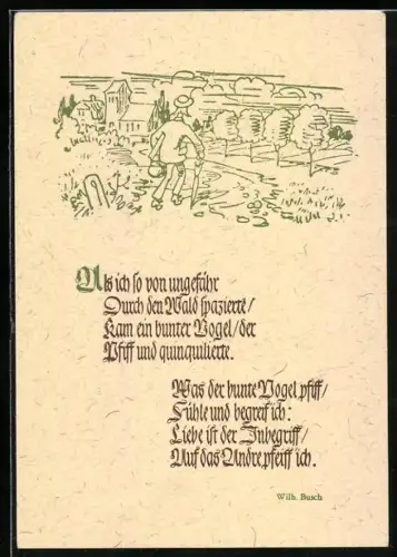 Künstler-AK Wilhelm Busch: Mann mit Schirm läuft auf eine Siedlung zu