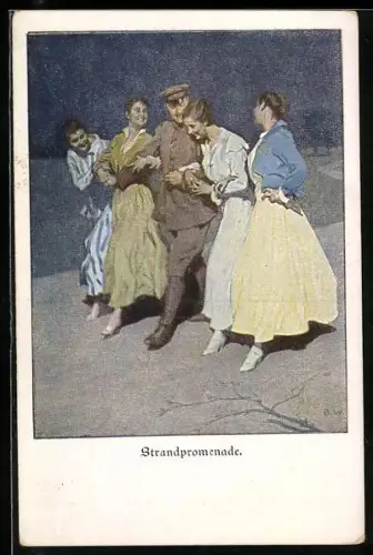 Künstler-AK Brynolf Wennerberg: Vier Frauen mit einem Soldat an der Strandpromenade