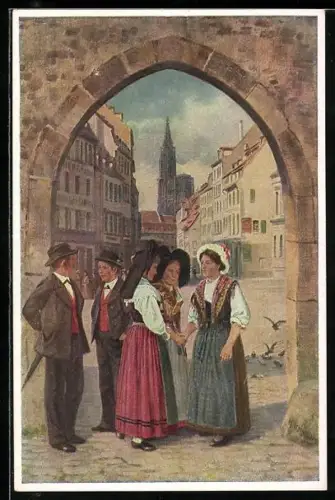 Künstler-AK H. Hoffmann: Strassburg im Elsass, Frauen in Tracht, Blick zum Münster