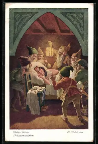 Künstler-AK Otto Kubel: Brüder Grimm, Schneewittchen Nr. 3, Schneewittchen schläft im Bett der 7 Zwerge