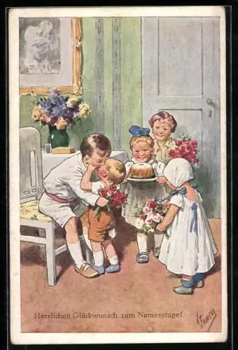 Künstler-AK Karl Feiertag: Kind erhält zum Namenstag einen Kuchen und Blumensträusse