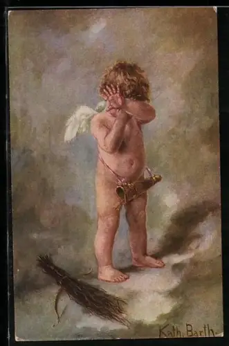 Künstler-AK K. Barth: Das kommt davon!, Amor hält Arm schützend vor Gesicht, Rute auf Bogen