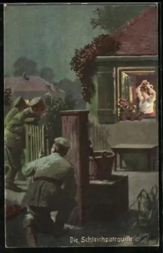 Künstler-AK Arthur Thiele unsign.: Die Schleichpatrouille, Soldaten schauen bei einer Frau durchs Fenster