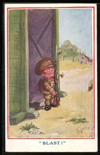 Künstler-AK T. Gilson: Kleiner Soldat erschreckt sich vor einer Wespe
