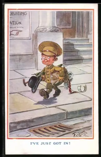 Künstler-AK T. Gilson: Kleiner Soldat mit Gepäck unter dem Arm