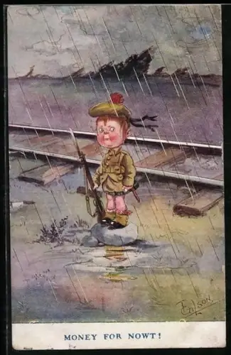 Künstler-AK T. Gilson: Kleiner schottischer Soldat vor Bahngleisen im Regen