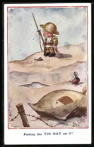 Künstler-AK T. Gilson: Putting the Tin Hat on it, Soldat mit Helm und Gewehr