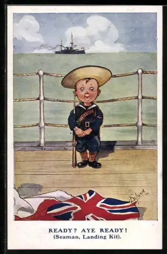 Künstler-AK T. Gilson: Seaman, Landing Kit, Kleiner Soldat auf einem Schiffsdeck