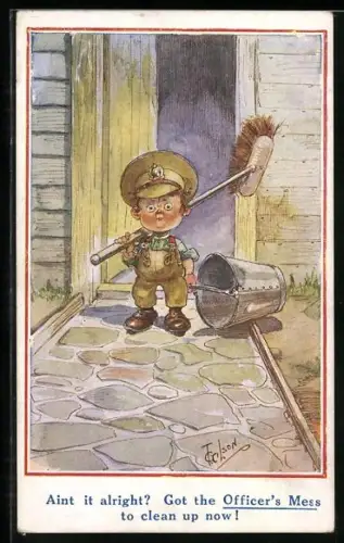 Künstler-AK T. Gilson: Kleiner Soldat mit Eimer und Besen