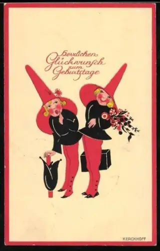 Künstler-AK Kerckhoff: Zwerge mit roten Hüten und Blumen, Geburtstagsgruss