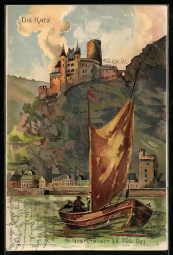 Künstler-AK C. Pfaff: St. Goarshausen, Blick vom Rhein zur Burg Katz