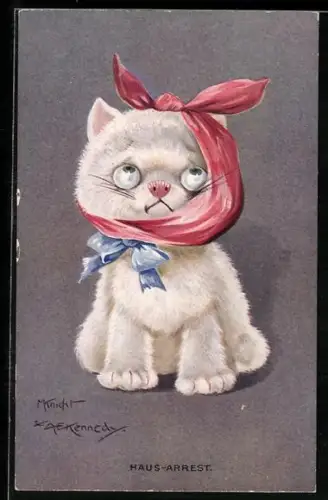 Künstler-AK A. E. Kennedy: Kätzchen mit Zahnschmerzen blickt traurig gen Himmel