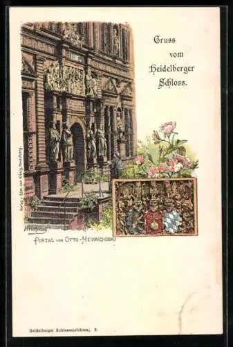 Lithographie Heidelberg, Schloss, Portal vom Otto-Heinrichsbau, mit Wappen
