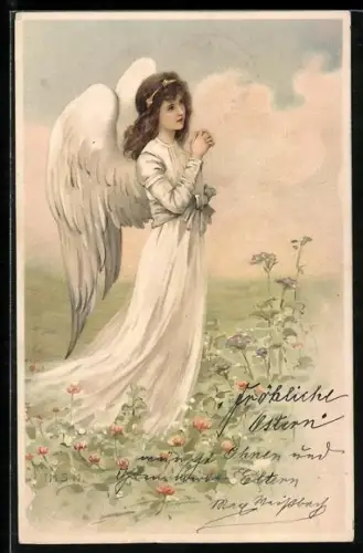 Künstler-Lithographie M.S.M.: Engel betet auf einer Wiese