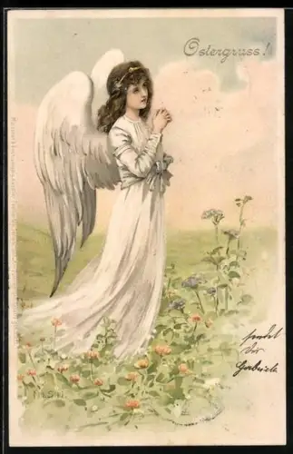 Künstler-Lithographie M.S.M.: Engel betet auf einer Wiese