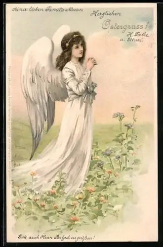 Künstler-Lithographie M.S.M.: Engel betet auf einer Wiese