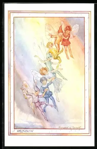 Künstler-AK Margaret W. Tarrant: Schmetterlingsmenschen fliegen auf dem Regenbogen, The Rainbow