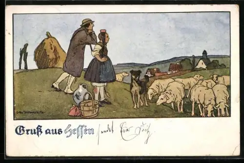Künstler-AK Otto Ubbelohde: Gruss aus Hessen, Hirte und Maid