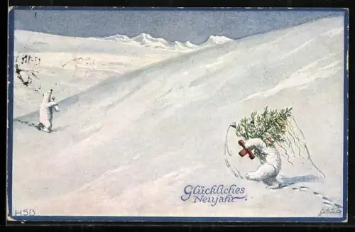 Künstler-AK H.S.B.: Eisbär trägt einen Weihnachtsbaum durch den Schnee, Glückliches Neujahr