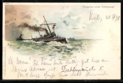 Künstler-AK A. Heide: deutsches Torpedoboot bei voller Fahrt