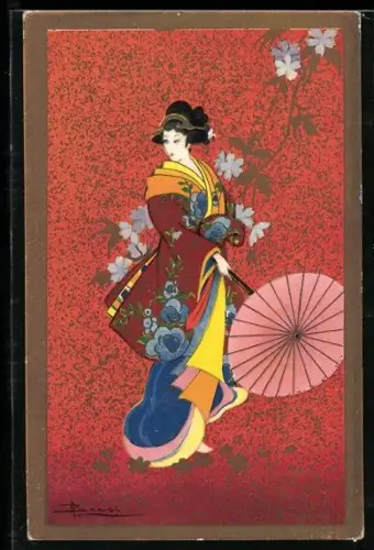 Künstler-AK Adolfo Busi: Elegante Geisha mit Schirm