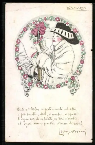 Künstler-AK Mauzan: Date a l`Italia in gesti..., Dame mit Rosen