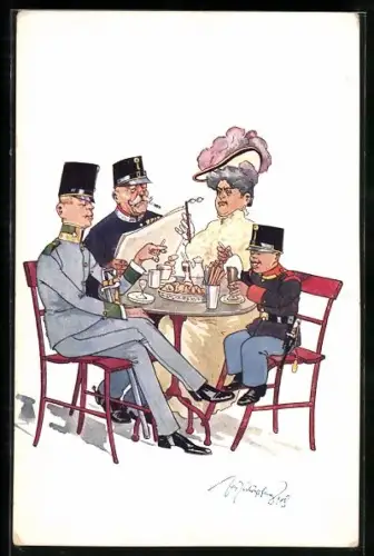 Künstler-AK Fritz Schönpflug: Soldaten essen am Tisch in Damengesellschaft