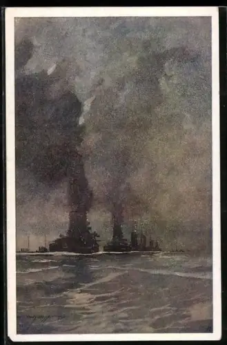 Künstler-AK Harry Heusser: Die k. u. k. Flotte geht zum Angriff auf die italienische Küste über, 1915