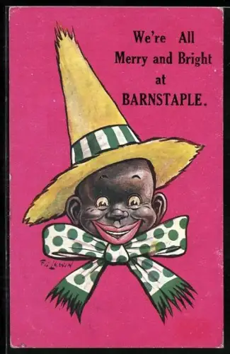 Künstler-AK Frederic G. Lewin: Afrikanischer Junge mit Spitzhut und Schleife, We`re all merry and bright at Barnstaple