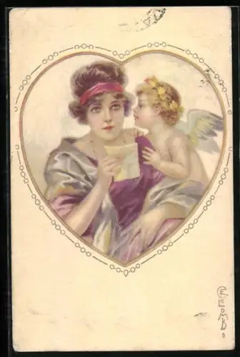 Künstler-AK E. Colombo: Amor flüstert der Dame mit dem Brief etwas ins Ohr