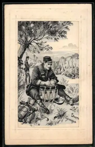 Seiden-AK Französischer Soldat mit einer Trommel auf einer Wiese sitzend