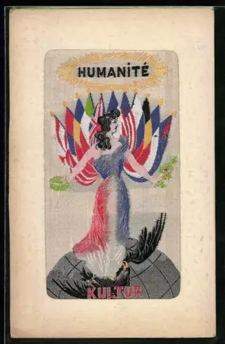 Seiden-AK Dame mit Flaggen verschiedener Länder steht auf einem schwarzen Adler