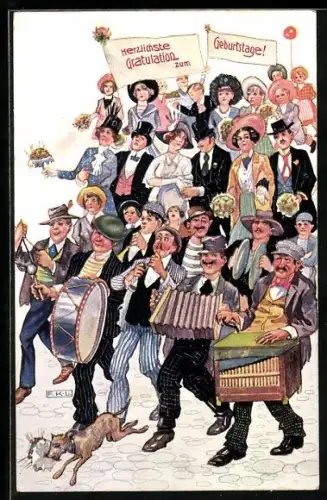 Künstler-AK Parade mit Leierkasten, Trommeln und Blumensträussen