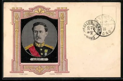 Seiden-AK Albert I. von Belgien im Porträt in dekorativem Rahmen