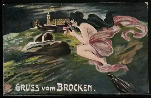 Künstler-AK Brocken, Brocken Hotel & fliegende Hexe