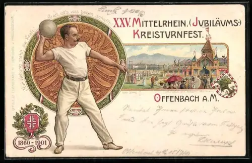 Lithographie Ganzsache PP15 C33: Offenbach a. M., XXV. Mittelrhein. Jubiläums-Kreisturnfest 1901, Turner und Festplatz