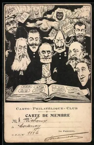 AK Carto-Philatélique-Club, Karikaturen verschiedener Staatsoberhäupter mit Zar Nikolaus II. von Russland