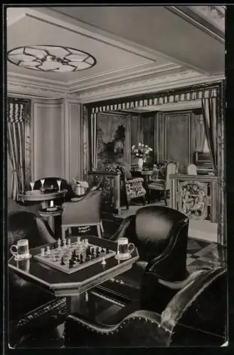 AK Dampfer Deutschland der Hamburg-Amerika Linie, Rauchzimmer der Kajüte mit Schachbrett