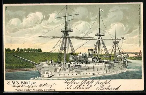 Lithographie S.M.S. Blücher bei Fahrt durch den Nord-Ostsee-Kanal