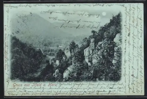 Mondschein-AK Ilfeld a. Harz, Felsenlandschaft im Harz