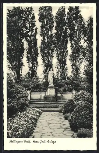 AK Mettingen /Westf., Herz-Jesu-Anlage, Statue, Gartenanlage