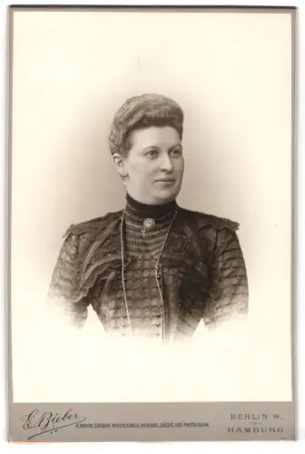 Fotografie E. Bieber, Berlin, Leipziger Strasse 128, Porträt einer Dame mit kunstvollem Kleid