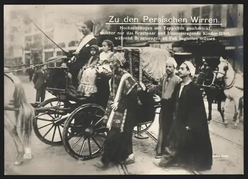 Fotografie Alfred Kirchhoff, Halle / Saale, persischer Hochzeitswagen mit Teppichen geschmückt für Brautpaar
